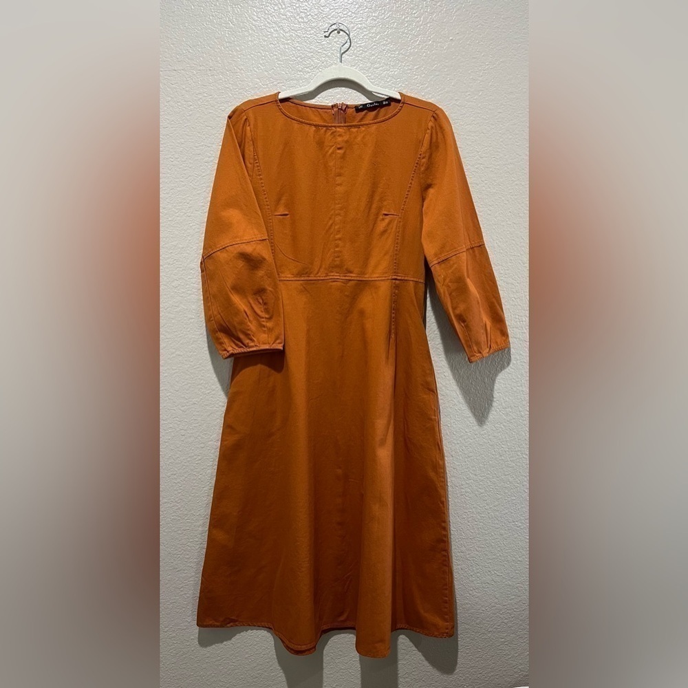 Ganlan Women’s Elegant Rust Midi Dress Long Sleeves Cottage Core Size M TC0793